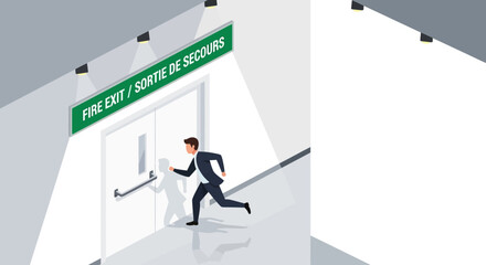 Businessman in a suit urgently running towards an illuminated emergency fire exit door, symbolizing escape and quick departure