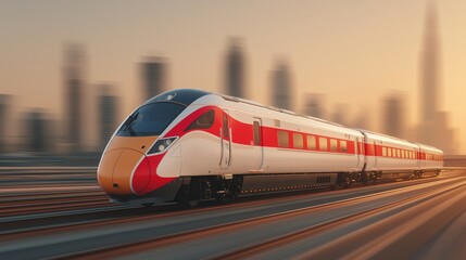 A sleek, modern high-speed train in motion with speed blur on the tracks, passing a city skyline at sunset, symbolizing fast progress and future transport