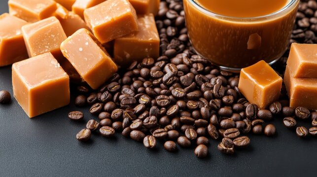 Coffee Beans and Caramel Candies with Cup of Coffee on Dark Background, Sweet and Savory Still Life, Food Photography for Coffee and Candy Lovers