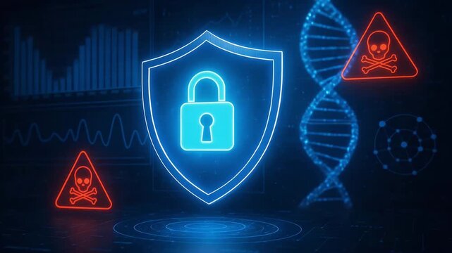 Digital security concept featuring a lock symbol, DNA strand, and danger signal icons. Represents cybersecurity and data protection. - Powered by Adobe