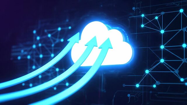 Digital Cloud Icon with Data Transfer Arrows on Futuristic Background
