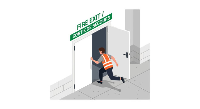 Worker rushing through an emergency fire exit door with clear signage, emphasizing workplace safety and quick evacuation procedures during an urgent situation