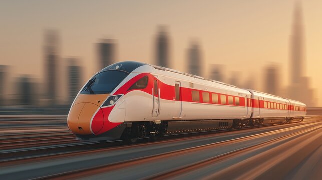 A sleek, modern high-speed train in motion with speed blur on the tracks, passing a city skyline at sunset, symbolizing fast progress and future transport