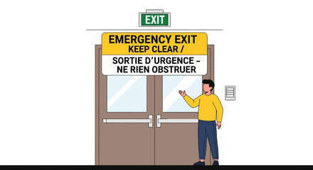 A flat vector illustration of an individual gesturing towards an emergency exit sign and double doors, highlighting the importance of keeping evacuation routes unobstructed for safety and compliance