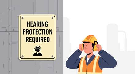 Illustration of an industrial worker demonstrating mandatory hearing protection, standing next to a warning sign in a noisy work environment, emphasizing occupational safety and health regulations