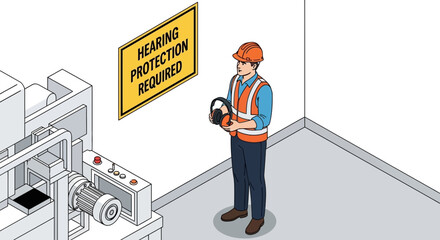Worker in a factory with safety equipment near machinery, emphasizing hearing protection measures