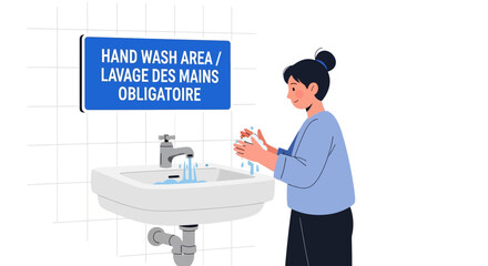 Hand Washing Illustration of a Woman Washing Hands Under a Sign Indicating Mandatory Hand Hygiene