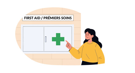 A young woman character points towards a first aid cabinet, emphasizing the importance of safety and emergency preparedness