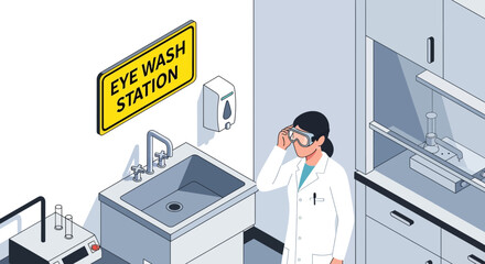Prioritizing laboratory safety, a female scientist demonstrates essential protective measures and emergency preparedness near an eye wash station, ensuring secure research