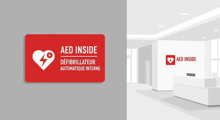 Vector illustration of an automated external defibrillator sign mounted in a modern office lobby for emergency first aid and public safety