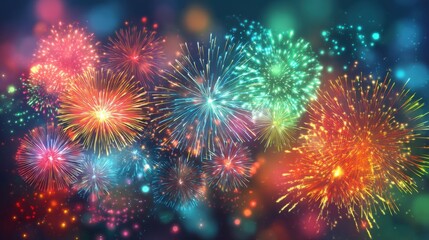 Naklejka premium Colorful fireworks exploding in a dark sky, creating a festive and celebratory atmosphere with vivid vibrant colors.