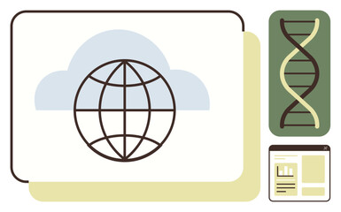 Globe inside a cloud, DNA strand, and digital data window. Ideal for technology, global communication, genetics, cloud computing, innovation science and collaboration. Clean flat metaphor