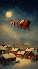 Santa Claus rides his sleigh, pulled by two reindeer, across a snowy landscape under a starry night sky. created by ai