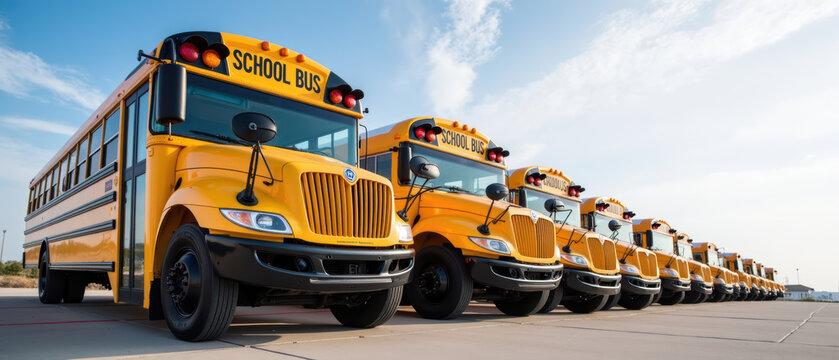 Yellow school buses lined up in row under clear blue sky, showcasing their bright color and design
