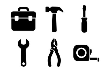Silhouette tool icons: hammer, screwdriver, wrench, pliers, toolbox, tape measure for diy projects