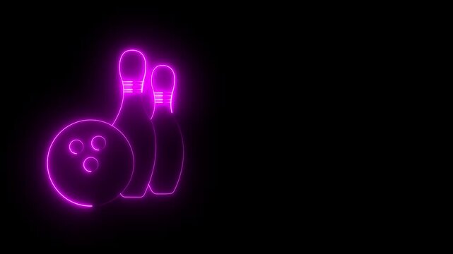 Glowing neon Bowling pin and ball icon isolated on black background.  Juggling clubs, circus skittles Sport equipment. 4K Video motion graphic animation .