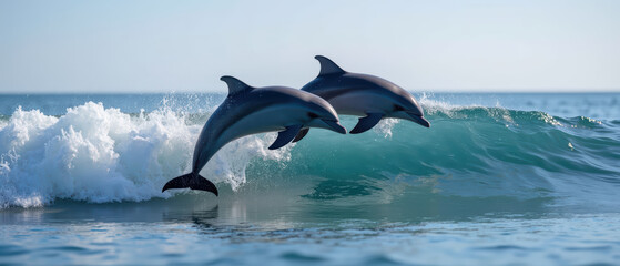 Obraz premium Dolphins jumping over ocean waves create lively scene of marine life and nature beauty. Their playful nature brings joy and excitement