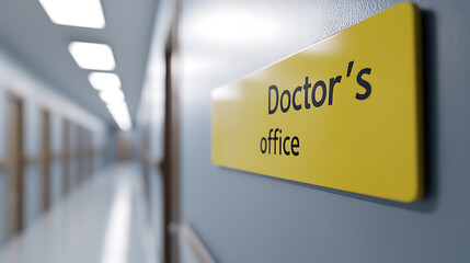 Hallway sign for a doctor's office.  Clean, modern medical building interior with a focus on patient care and professional healthcare services.