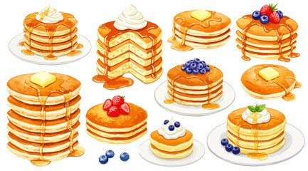 パンケーキ（ホットケーキ）のイラストセット,スイーツ,メープルシロップ,ベリー,朝食,水彩風