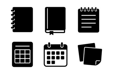 Silhouette icons of office notebooks and calendars for organizing and planning