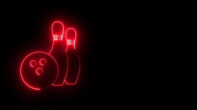 Glowing neon Bowling pin and ball icon isolated on black background.  Juggling clubs, circus skittles Sport equipment. 4K Video motion graphic animation .