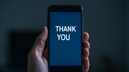 A hand holds a smartphone displaying a message that reads "THANK YOU" against a dark background.