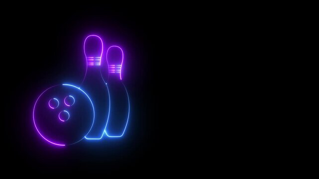Glowing neon Bowling pin and ball icon isolated on black background.  Juggling clubs, circus skittles Sport equipment. 4K Video motion graphic animation .