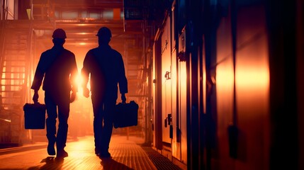 Two workers in hard hats walking through an industrial facility at sunset, carrying toolboxes
