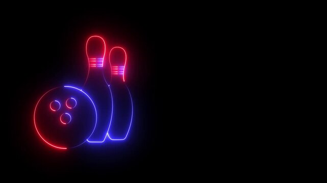 Glowing neon Bowling pin and ball icon isolated on black background.  Juggling clubs, circus skittles Sport equipment. 4K Video motion graphic animation .