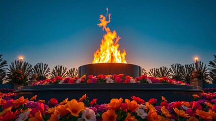 Eternal flame monument podium surrounded by flowers Remembrance Memorial