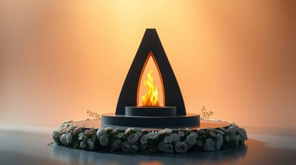 Eternal flame monument podium surrounded by flowers Remembrance Memorial