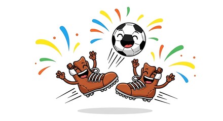 Two cartoon soccer boots jumping with joy and a soccer ball in the air, isolated on white background