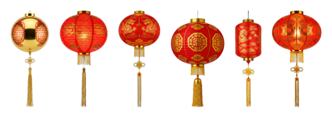 Chinese lantern set including various red and gold spherical, oval, and cylindrical shapes isolated. Lunar New Year and traditional Asian festival decoration.