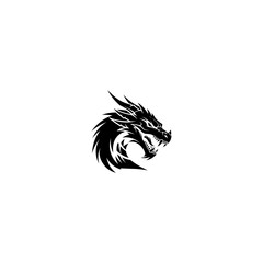 Bold black dragon head with sharp horns, teeth, and stylized plumage on a white background