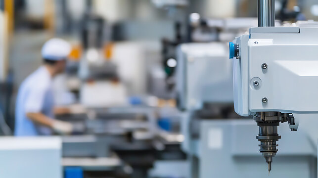 Automated machinery in a factory setting, operated by worker, focuses on precision & manufacturing processes in an industrial environment.