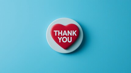 A vibrant red heart-shaped button with "THANK YOU" written in white, set against a light blue background, symbolizing gratitude and appreciation.