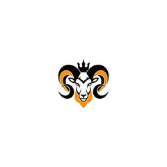 Ram head with a crown, stylized, orange details. Black and white on a white background