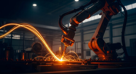 Automated robotic arm welding in smart factory. Industrial manufacturing robot with dynamic light trails and sparks on production line.