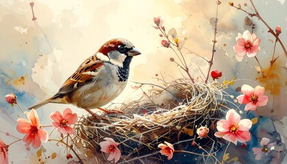 Sparrow Nestled in Blooming Spring Branches.