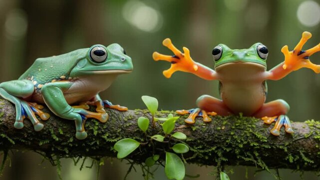 Grenouilles tropicales sur une branche de mousse