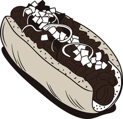 A cartoon illustration of a hot dog with chocolate and toppings
