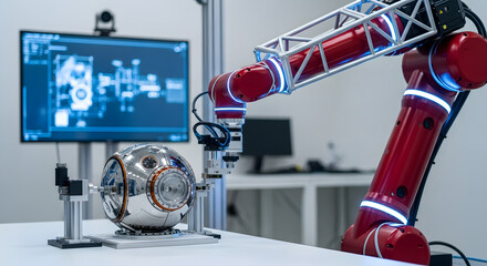 Advanced robotic arm performing precise manipulation on a spherical device in a high-tech research lab, symbolizing automation and future technology.