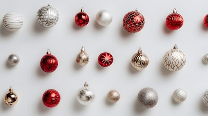 Minimalist flat lay with Christmas ornaments on white background