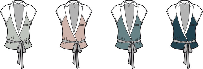 Set of four stylish women's tops in various pastel and muted tones, showcasing a wrap design with a tie closure and lapel collar