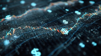 A high-tech financial dashboard with glowing graphs and holographic elements against an abstract money-inspired digital backdrop.