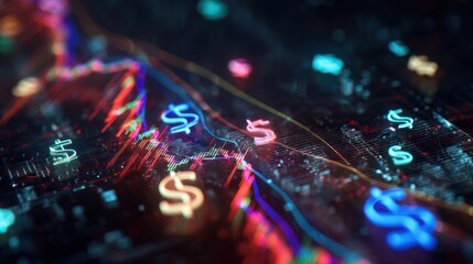 A high-tech financial dashboard with glowing graphs and holographic elements against an abstract money-inspired digital backdrop.