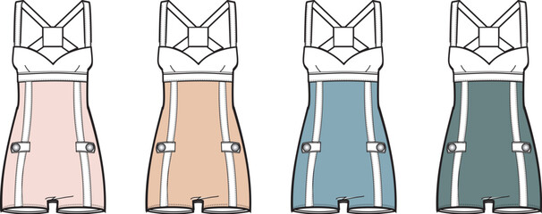 Fashionable Romper Designs with Multiple Color Options and Detailed Features