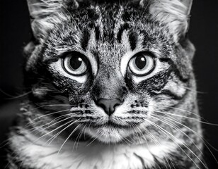 A close-up black and white portrait of a tabby cat. The cat has big, expressive eyes and whiskers against a dark backdrop