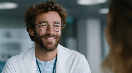 Happy doctor in glasses has warm smile on his face and he seems to be in good mood, listening attentively