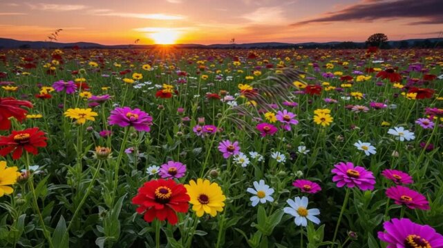 Champ de fleurs multicolores au coucher du soleil